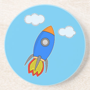 Cartoon Space Rocket in Blue Sky Sandstein Untersetzer