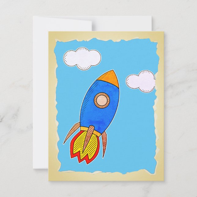 Cartoon Space Rocket in Blue Sky Torrent Paper Einladung (Vorderseite)