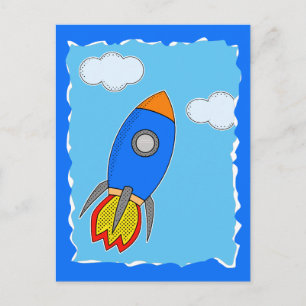 Cartoon Space Rocket in Blue Sky Torrent Paper Postkarte
