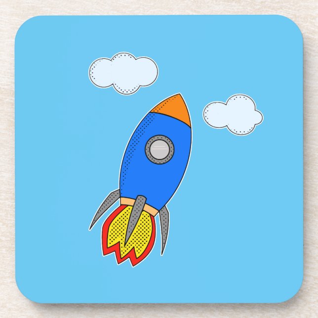 Cartoon Space Rocket in Blue Sky Untersetzer (Vorderseite)