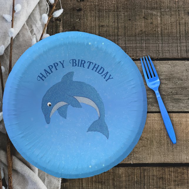 Cartoon Sparkle Blau Weißer Geburtstag Dolphin Pappteller (Fun cartoon blue white dolphin in jumping position on Blue Happy Birthday  paper bowl.)