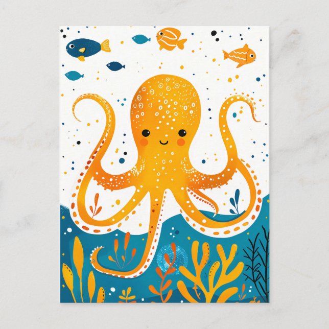 Cartoon Spielender Kraken mit farbenfroher Fische Postkarte (Vorderseite)