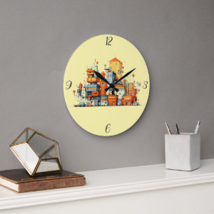 Cartoon Stadt farbenfrohe urbane gelbe Umgebung Große Wanduhr