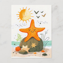 Cartoon Starfish on Rock by Ocean Postkarte