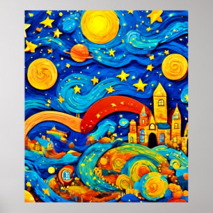 Cartoon-Starry-Night-Kunst Poster
