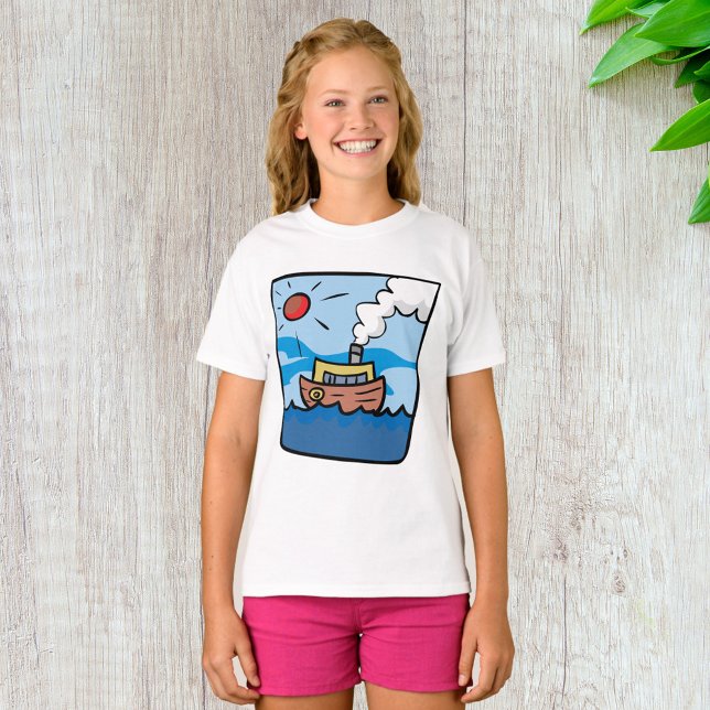 Cartoon Steamship auf Ocean Waves Nautic Art T-Shirt (Von Creator hochgeladen)