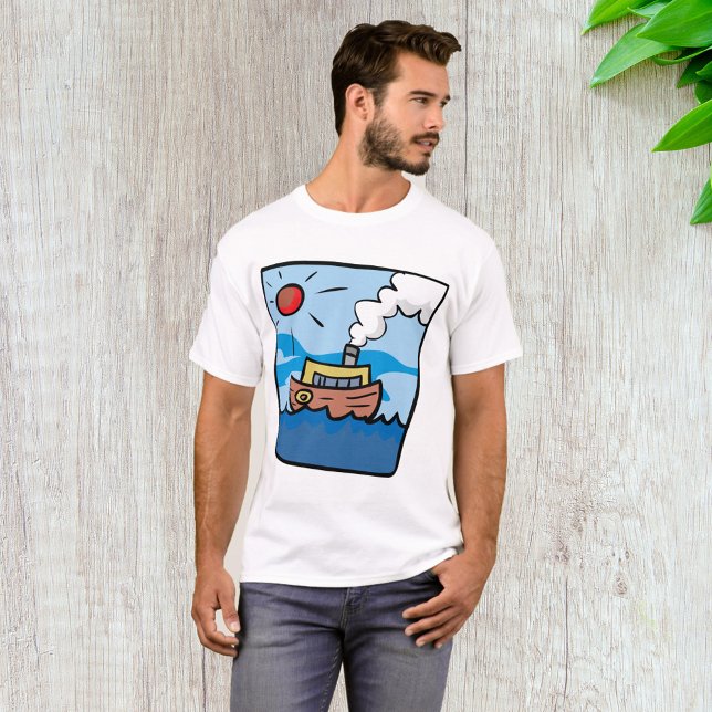 Cartoon Steamship auf Ocean Waves Nautic Art T-Shirt (Von Creator hochgeladen)