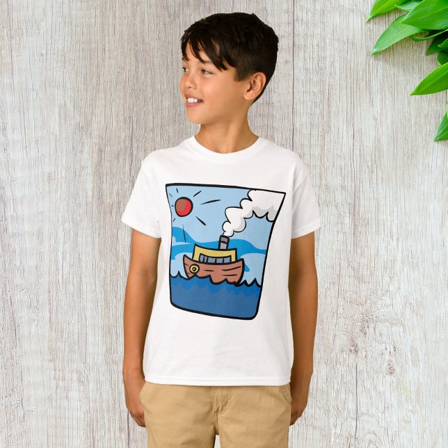 Cartoon Steamship auf Ocean Waves Nautic Art T-Shirt (Von Creator hochgeladen)