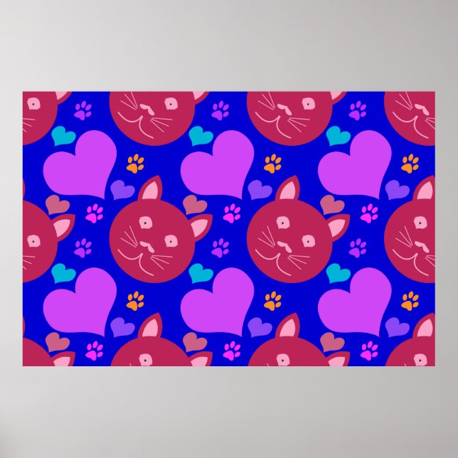 Cartoon-Stil nahtlose Tapete mit Katzengesicht und Poster (Vorne)