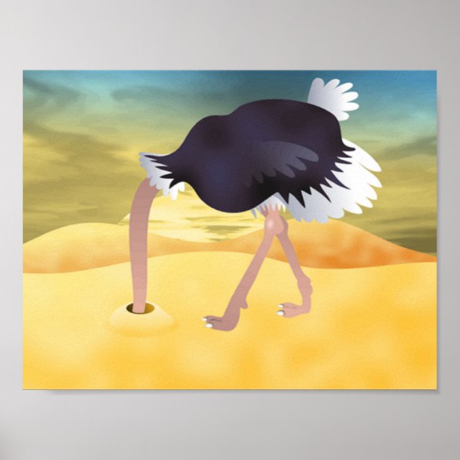 Cartoon Strauß mit Kopf in Sand Poster (Vorne)