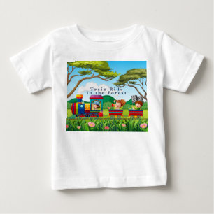 Cartoon Style Train Ride in Forest Green Blue Baby T-shirt