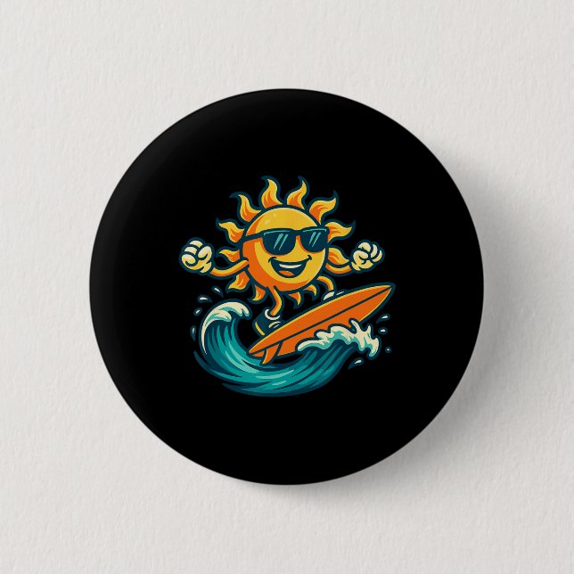 Cartoon Sun Surfing Summer Beach Wave Art  Button (Vorderseite)