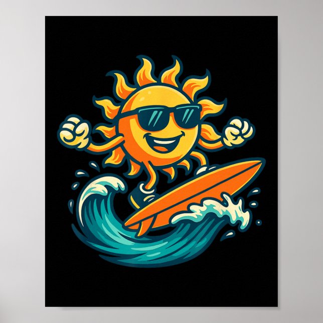 Cartoon Sun Surfing Summer Beach Wave Art  Poster (Vorne)