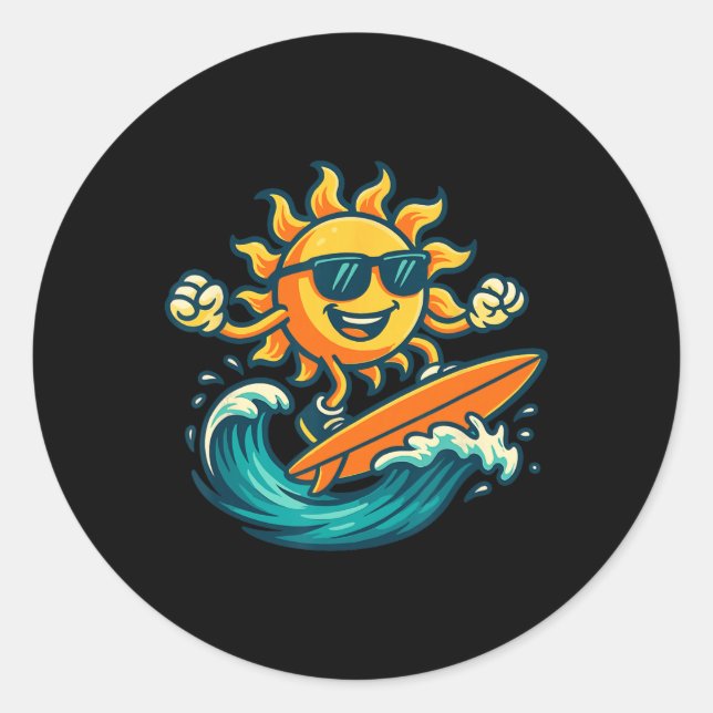 Cartoon Sun Surfing Summer Beach Wave Art  Runder Aufkleber (Vorderseite)