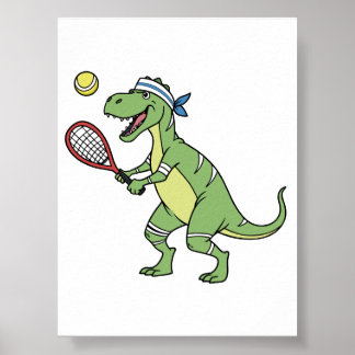  Cartoon T-Rex Playing Tennis Wall Art Decor Poster