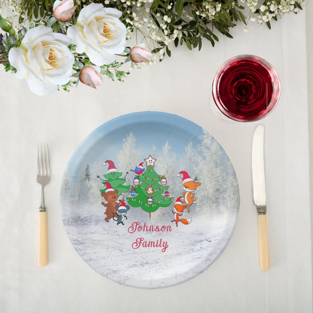 Cartoon Tiere tanzen um den Weihnachtsbaum herum Pappteller (Cartoon Animals Dancing Around the Christmas Tree Paper Plates)