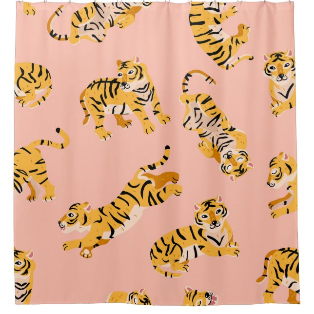 Cartoon Tiger, rosa Vintages Muster. Duschvorhang (Vorderseite)