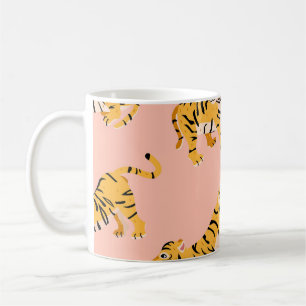 Cartoon Tiger, rosa Vintages Muster. Kaffeetasse