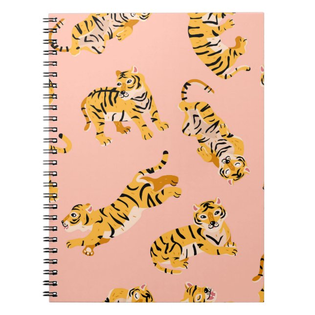 Cartoon Tiger, rosa Vintages Muster. Notizblock (Vorderseite)