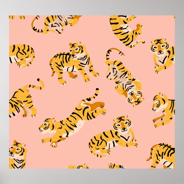 Cartoon Tiger, rosa Vintages Muster. Poster (Vorne)