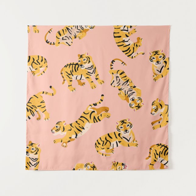 Cartoon Tiger, rosa Vintages Muster. Wandteppich (Vorderseite)