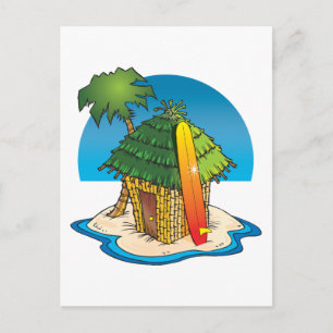 Cartoon Tiki Hut mit Surfboard und Palm Postkarte