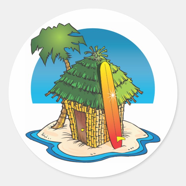 Cartoon Tiki Hut mit Surfboard und Palm Runder Aufkleber (Vorderseite)
