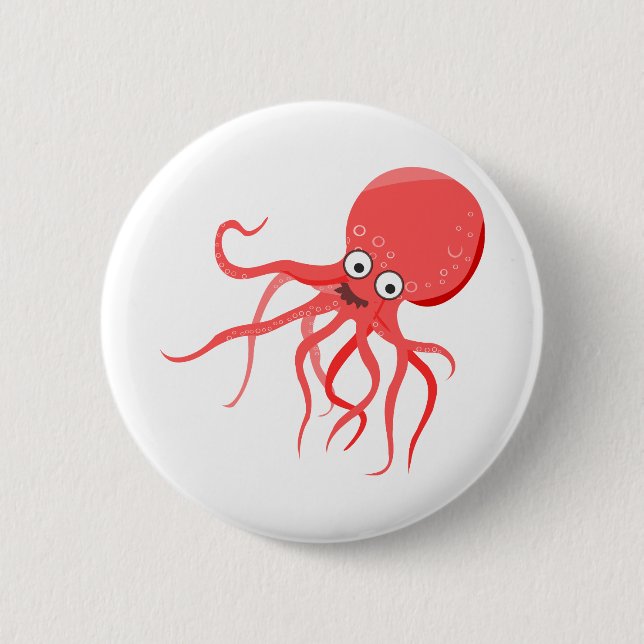 Cartoon Tintenfisch Orangenrot Button (Vorderseite)