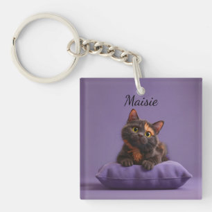 Cartoon Tortoiseshell Kitten auf Lila Polster Schlüsselanhänger