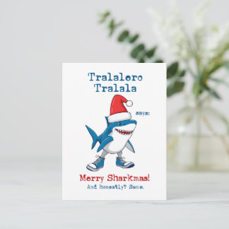 Cartoon Tralalero Tralala sagt Frohe Sharkmas Feiertagspostkarte