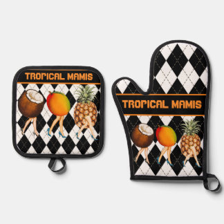 Cartoon Tropical ObstLadys auf schwarz und weiß Ofenhandschuh & Topflappen-Set