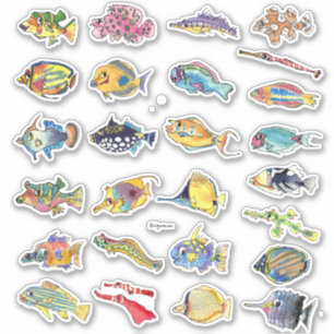 Cartoon Tropical Reef Fische Aquarellfarben Aufkleber