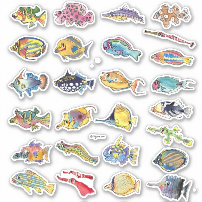 Cartoon Tropical Reef Fische Aquarellfarben Aufkleber (Vorderseite)