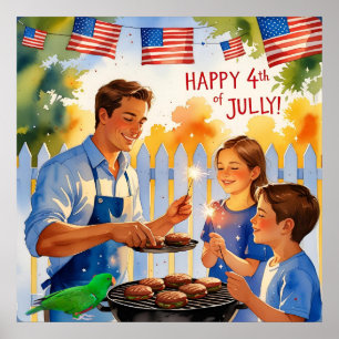 Cartoon Vater Grillen & Kinder mit Sparklern Poster