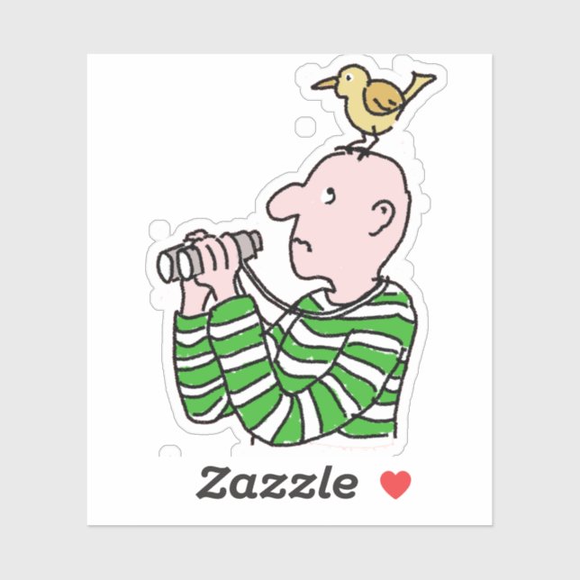 Cartoon Vogelbeobachter mit Vogel auf dem Kopf. Aufkleber (Blatt)