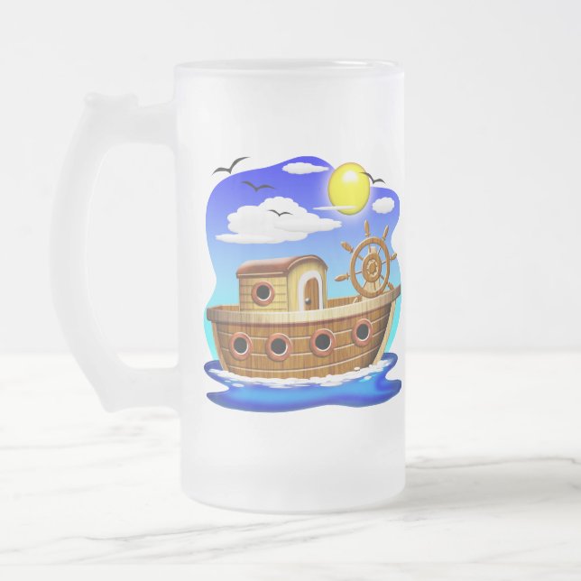Cartoon von Fischereifahrzeugen Mattglas Bierglas (Links)