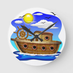 Cartoon von Fischereifahrzeugen Runde Wanduhr
