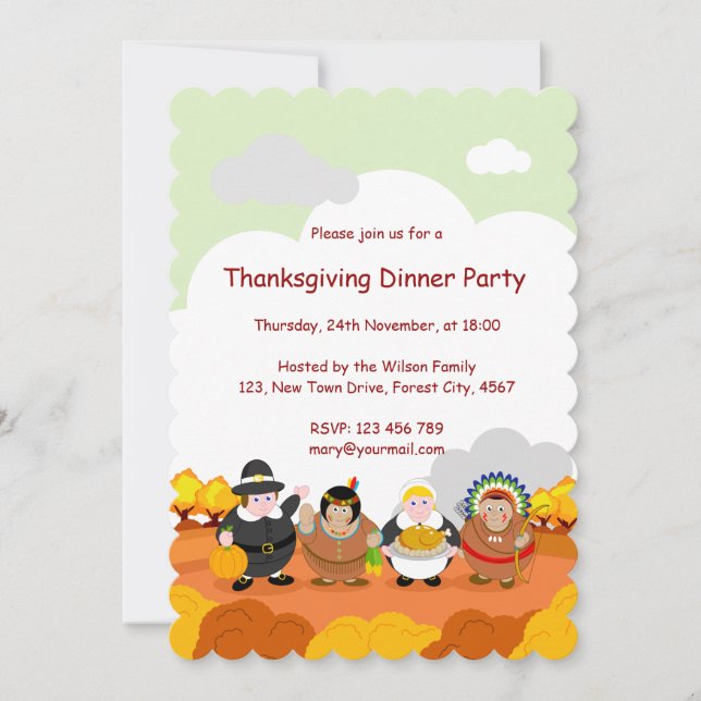 Cartoon von Pilgervätern und Amerikanischen Ureinw Einladung (Vorderseite)