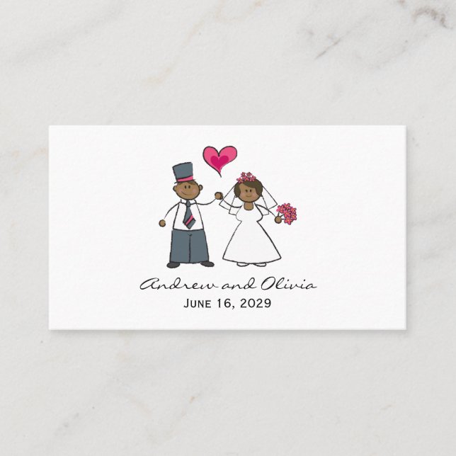 Cartoon Wedding Couple Bride & Groom Fuchsia Herz Platzkarte (Vorderseite)