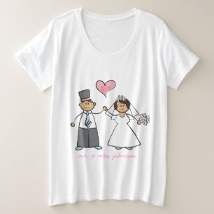 Cartoon Wedding Couple Bride & Groom Pink Herz Große Größe T-Shirt