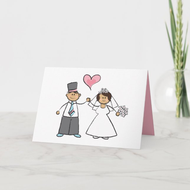 Cartoon Wedding Couple Bride & Groom Pink Herz Karte (Vorderseite)