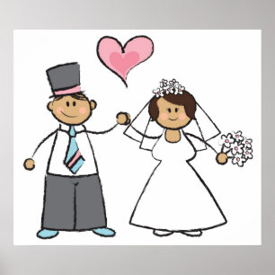 Cartoon Wedding Couple Bride & Groom Pink Herz Poster