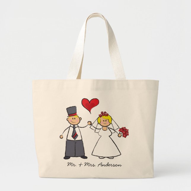 Cartoon Wedding Couple Bride & Groom Red Heart Jumbo Stoffbeutel (Vorne)