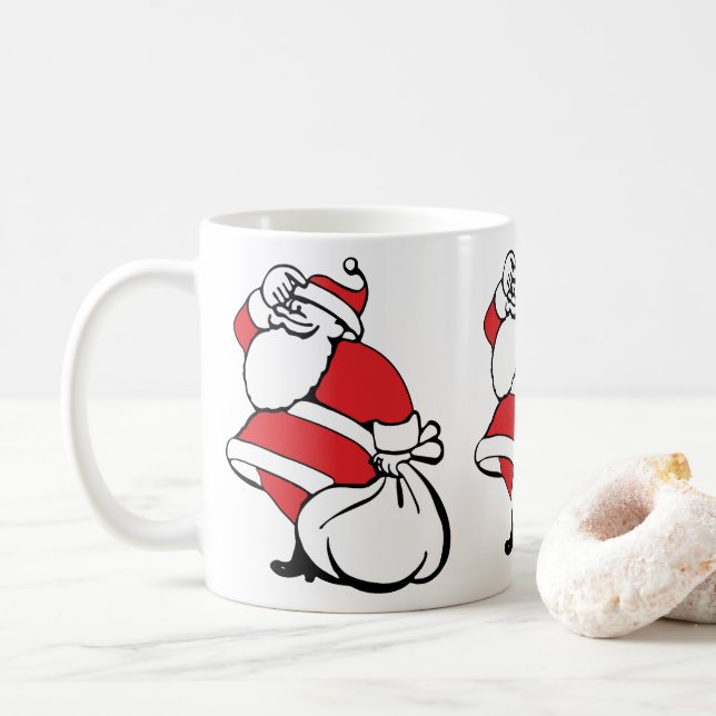 Cartoon Weihnachten Jolly Weihnachtsmann, Sack von Kaffeetasse (Mit Donut)