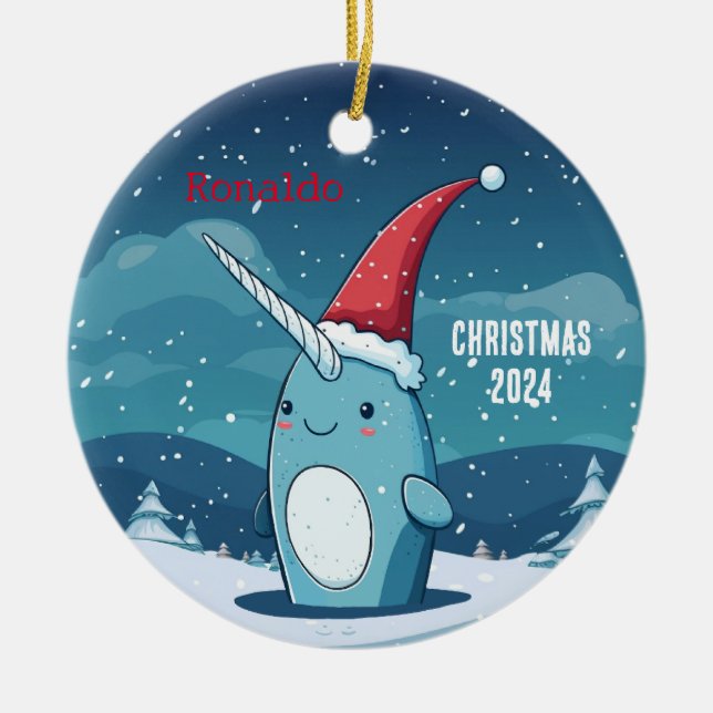 Cartoon Weihnachten Narwhal Personalisierte Orname Keramik Ornament (Vorne)