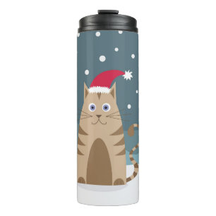 Cartoon-Weihnachtskatze mit Weihnachtsmannmütze im Thermosbecher