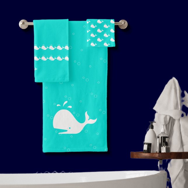 Cartoon Whale Aqua Aquamarin Blue Badhandtuch Set (Von Creator hochgeladen)