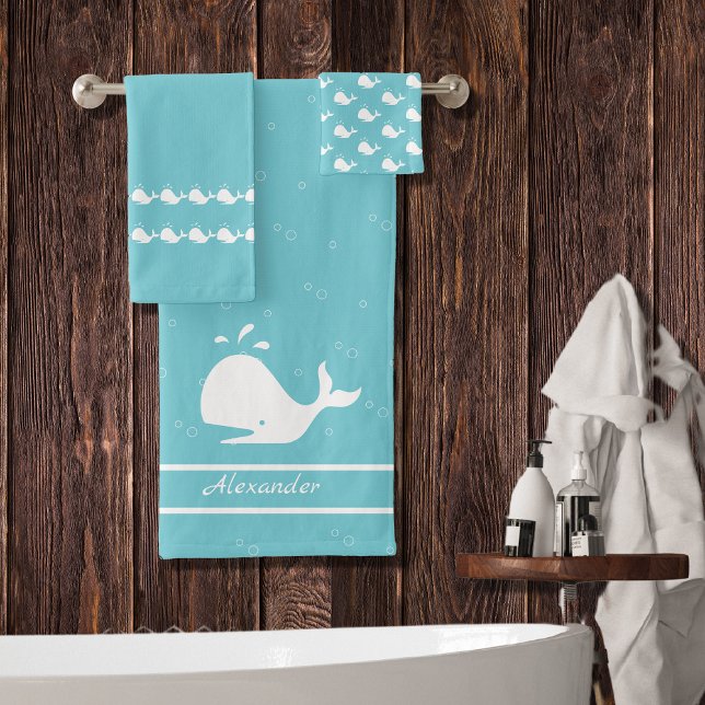Cartoon Whale Ocean Mist Blue Bath Handtuch Set (Von Creator hochgeladen)