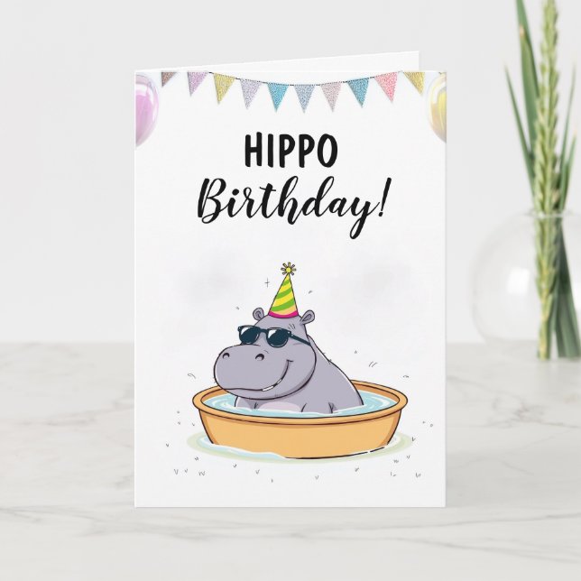 Cartoon White Kiddie Pool Hippo Geburtstag Karte (Vorderseite)
