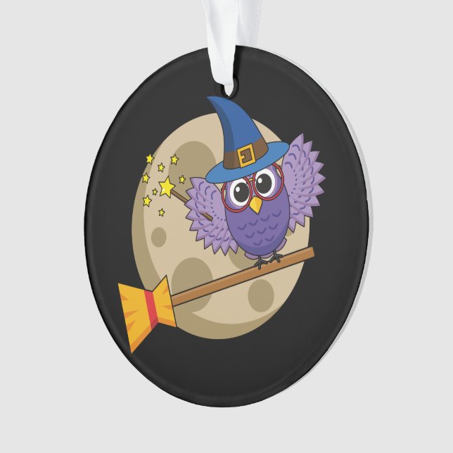Cartoon Wizard Owl Flying on Broom Ornament (Vorderseite)